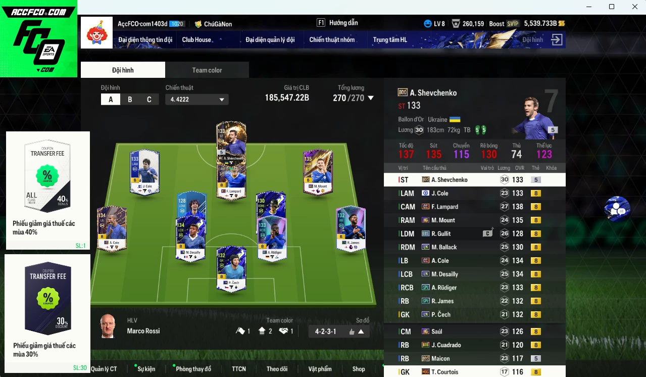 [ACC Rẻ🔥] Chelsea 185.540b dư 5500b có Lampard CC, Rudiger SPL, Ballack LN, Gullit EBS, J. Cole CFA, Mount HG, Sheva BDO, Desailly LN, A. Cole CC, James SPL,Saúl HG, Courois MOD, Cech LN. Đã đào tạo full nhiều Cầu thủ. HLV Xịn.